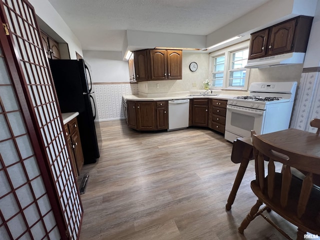1409 N Van Buren, Marion, IL 62959 - kitchen with under cabinet range hood, white appliances, light wood-style flooring, a wainscoted wall, and light countertops