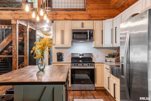 14682 White Birch Ct, Benton, IL 62812 - kitchen with stainless steel appliances, butcher block countertops, dark wood-style flooring, cream cabinets, and wooden ceiling