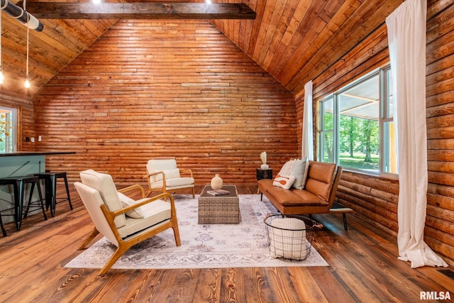 14682 White Birch Ct, Benton, IL 62812 - sitting room with a wood ceiling with exposed beams, high vaulted ceiling, rustic walls, and hardwood / wood-style flooring