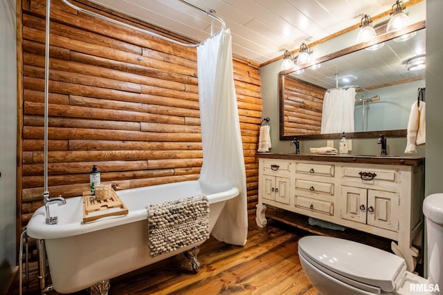 14682 White Birch Ct, Benton, IL 62812 - bathroom featuring log walls, wood finished floors, and double vanity
