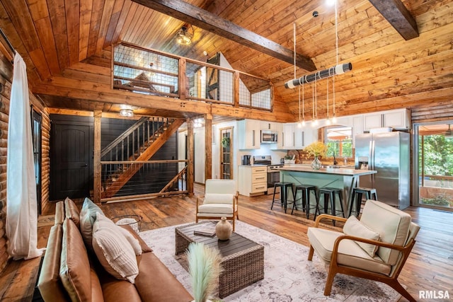14682 White Birch Ct, Benton, IL 62812 - living room with high vaulted ceiling, a wood ceiling with exposed beams, stairway, and light wood-type flooring
