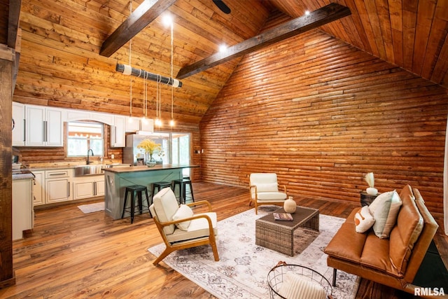 14682 White Birch Ct, Benton, IL 62812 - living room featuring a wood ceiling with exposed beams, high vaulted ceiling, and light wood-style floors