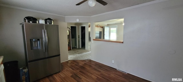 1420 N 17th St, Mount Vernon, IL 62864 - kitchen with stainless steel refrigerator with ice dispenser, a ceiling fan, dark wood finished floors, ornamental molding, and a textured ceiling