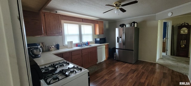 1420 N 17th St, Mount Vernon, IL 62864 - kitchen featuring white appliances, ceiling fan, light countertops, crown molding, and a textured ceiling