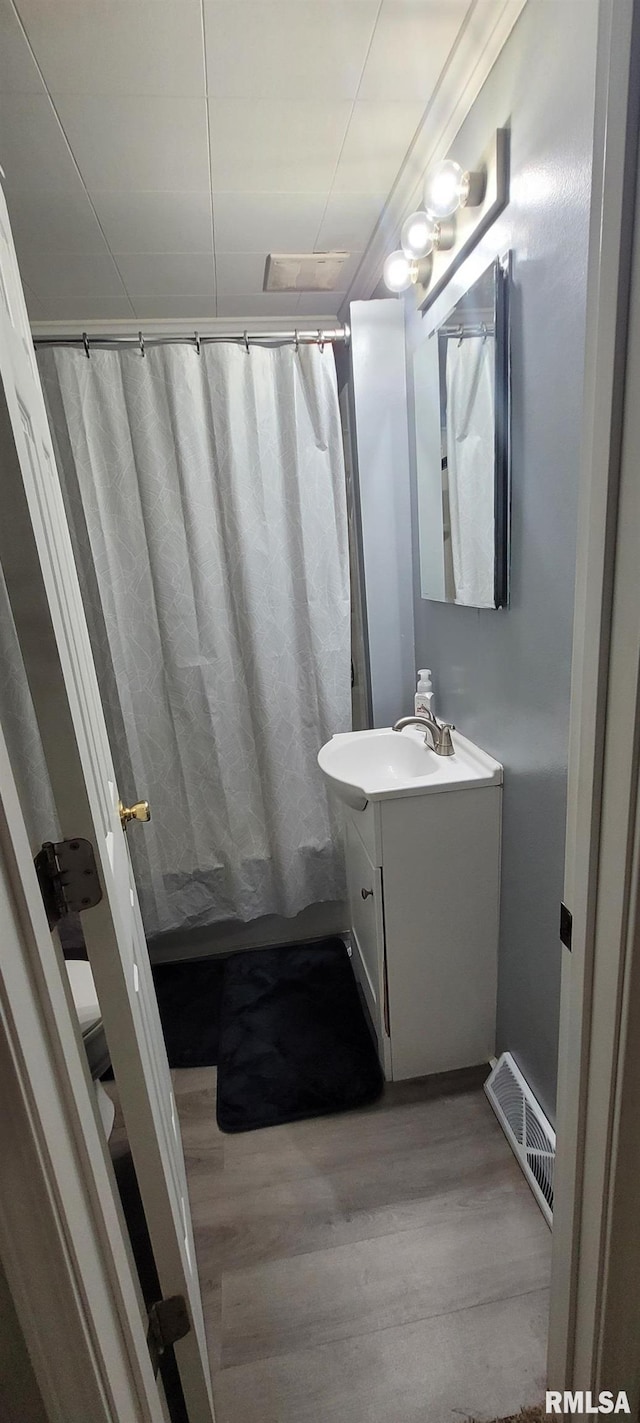1420 N 17th St, Mount Vernon, IL 62864 - bathroom featuring vanity, wood finished floors, and a shower with curtain
