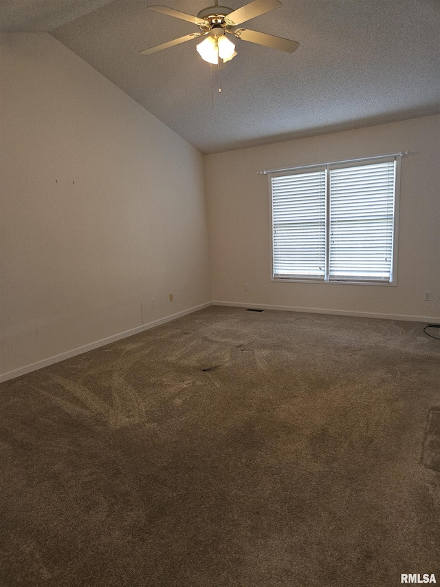 1905 N Dawn Dr, Marion, IL 62959 - empty room featuring lofted ceiling, carpet floors, a ceiling fan, and a textured ceiling