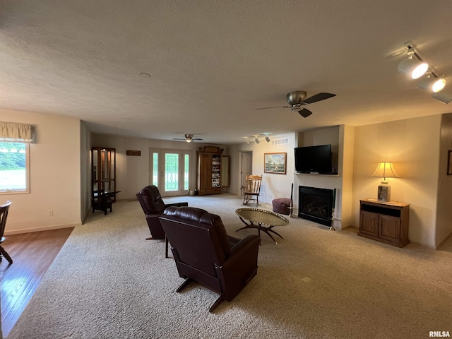 1308 Shawnee Trl, Carterville, IL 62918 - carpeted living room featuring a fireplace, ceiling fan, track lighting, and a textured ceiling