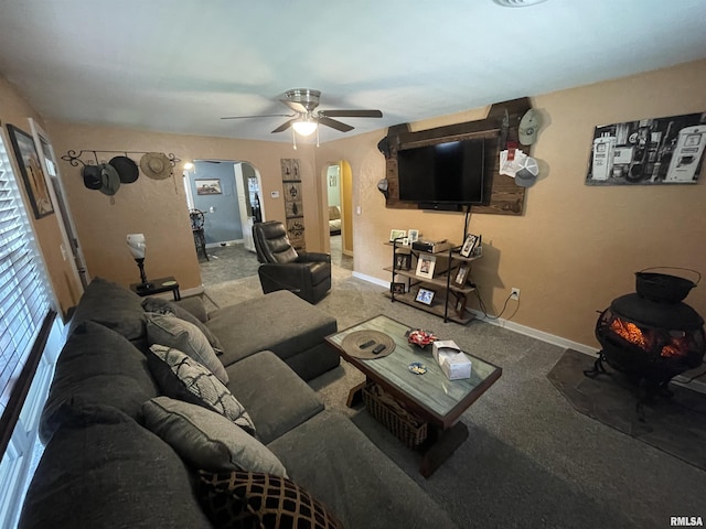 204 Oak St, Odin, IL 62870 - living room with arched walkways, a wood stove, carpet flooring, and plenty of natural light