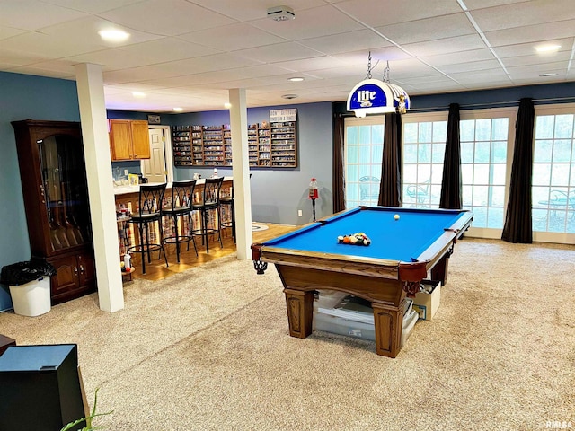43 E Lakewood Dr, Metropolis, IL 62960 - game room with a bar, carpet, a paneled ceiling, pool table, and recessed lighting