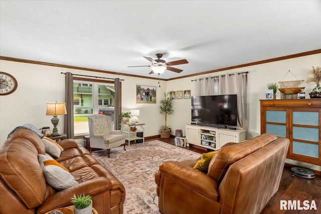 468 Clifty Heights Dr, Marion, IL 62959 - living room with wood finished floors, a ceiling fan, and ornamental molding