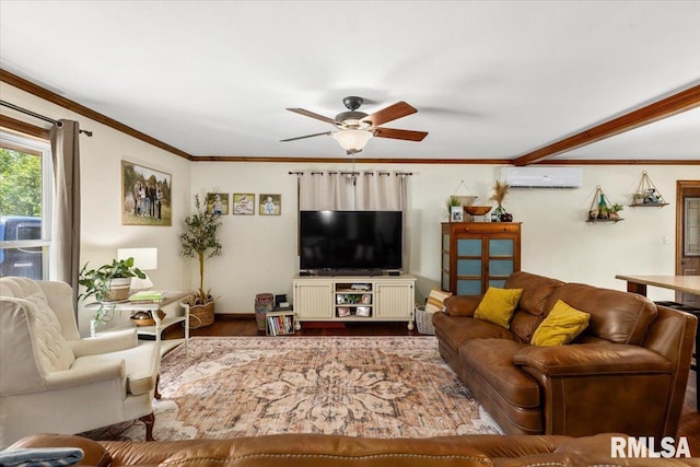 468 Clifty Heights Dr, Marion, IL 62959 - living area with a wall mounted air conditioner, a ceiling fan, wood finished floors, and ornamental molding