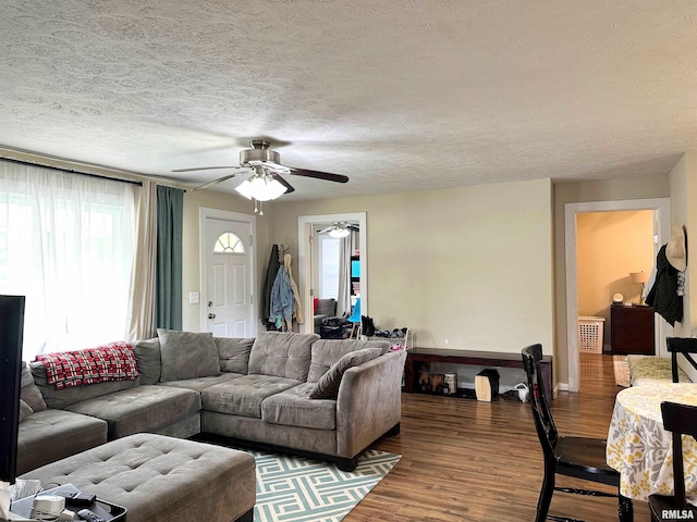 501 Cedar Creek Rd, Makanda, IL 62958 - living room featuring a ceiling fan, wood finished floors, and a textured ceiling