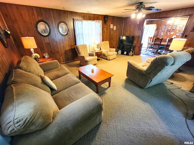 113 SW Mead St, Clay City, IL 62824 - living room featuring wooden walls, ceiling fan, and carpet flooring