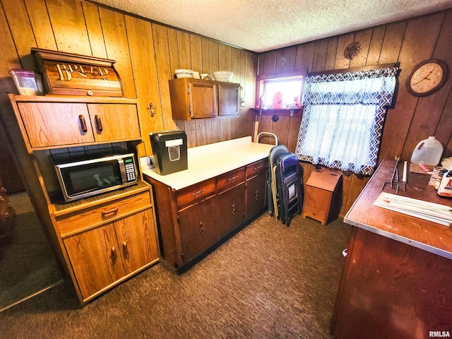 113 SW Mead St, Clay City, IL 62824 - kitchen featuring stainless steel microwave, wood walls, dark colored carpet, a textured ceiling, and light countertops