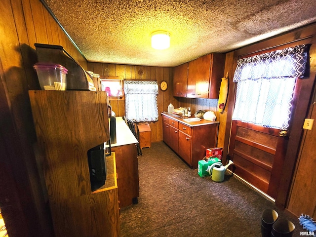 113 SW Mead St, Clay City, IL 62824 - kitchen featuring carpet floors, wood walls, brown cabinetry, a textured ceiling, and light countertops