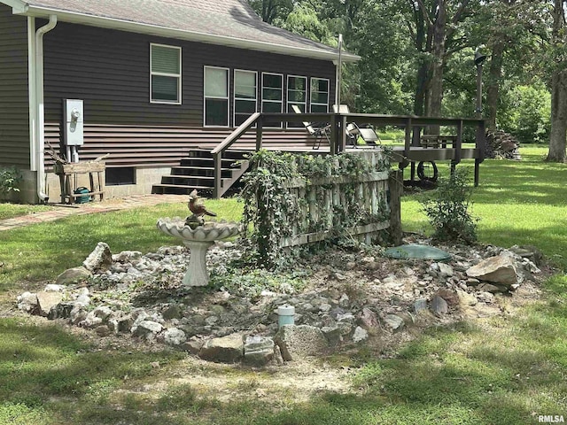 11382 Petroff Rd, Benton, IL 62812 - rear view of property with a lawn, a wooden deck, a shingled roof, and stairway