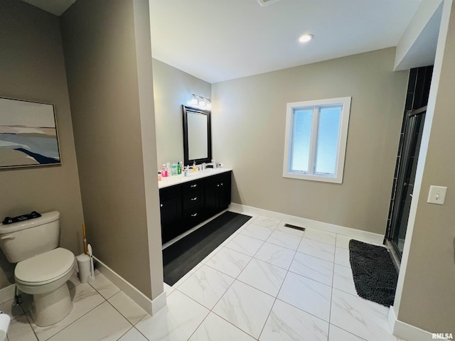 65 Stony Pt, Goreville, IL 62939 - bathroom featuring vanity, marble finish flooring, an enclosed shower, and recessed lighting