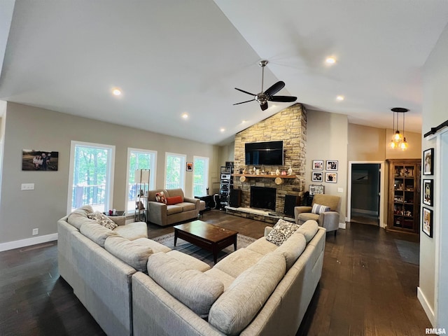 65 Stony Pt, Goreville, IL 62939 - living room featuring a ceiling fan, dark wood finished floors, vaulted ceiling, a fireplace, and recessed lighting
