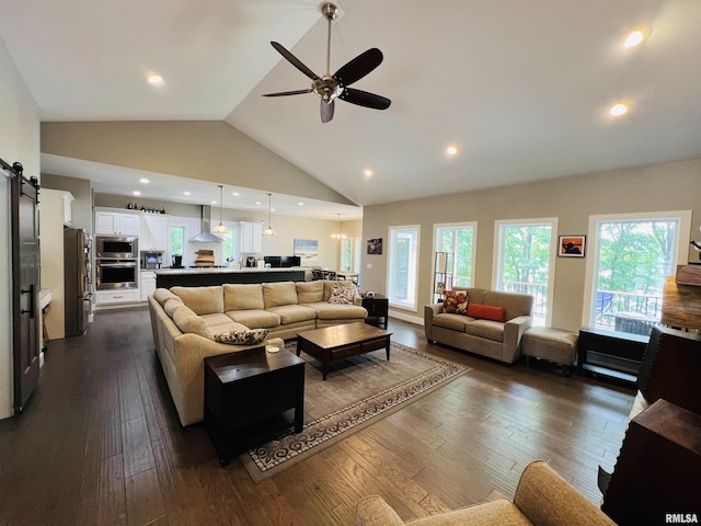 65 Stony Pt, Goreville, IL 62939 - living area with healthy amount of natural light, a barn door, ceiling fan, dark wood-type flooring, and high vaulted ceiling