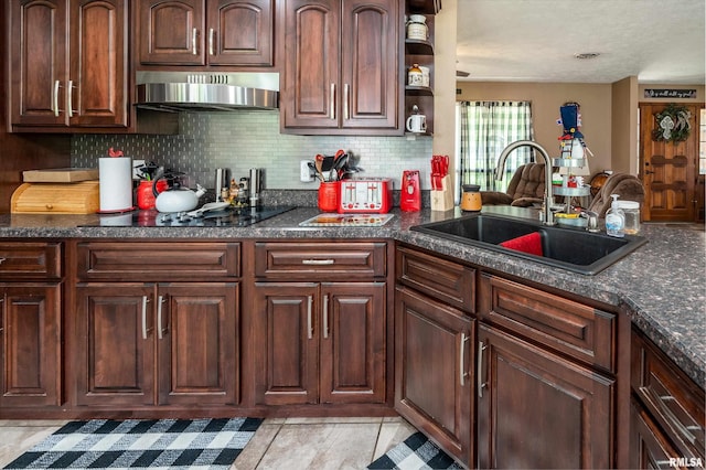 13399 S County Line Rd, West Frankfort, IL 62896 - kitchen featuring exhaust hood, dark countertops, backsplash, and open shelves