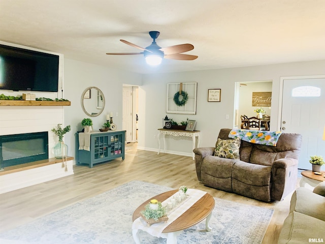 1203 W Goodall St, Marion, IL 62959 - living area with wood finished floors, a ceiling fan, and a glass covered fireplace