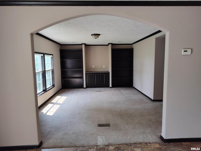 45 Davis Ridge Rd, Eldorado, IL 62930 - unfurnished living room with arched walkways, ornamental molding, carpet floors, and a textured ceiling