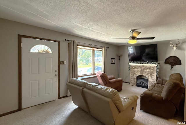 1409 Rig, Salem, IL 62881 - living room featuring light colored carpet, plenty of natural light, a textured ceiling, a fireplace, and ceiling fan