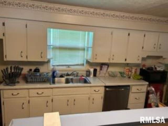 600 W Collins St, Goreville, IL 62939 - kitchen with black dishwasher, light countertops, and white cabinets