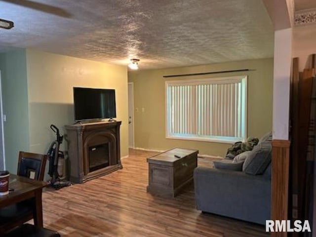 600 W Collins St, Goreville, IL 62939 - living room featuring wood finished floors, a textured ceiling, and a fireplace