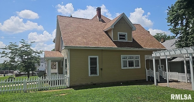 202 E 8th St, Mount Carmel, IL 62863 - view of property exterior with a pergola, crawl space, and a shingled roof