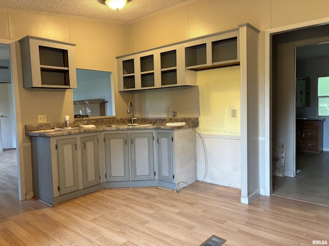 2780 Campground Rd, Anna, IL 62906 - kitchen featuring light wood-type flooring, gray cabinets, open shelves, and a textured ceiling