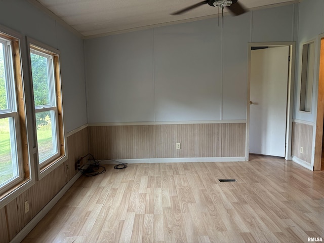 2780 Campground Rd, Anna, IL 62906 - unfurnished room with light wood-style flooring, healthy amount of natural light, a ceiling fan, and wood walls