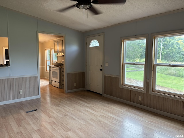 2780 Campground Rd, Anna, IL 62906 - foyer entrance featuring a ceiling fan, light wood-style flooring, a textured ceiling, a wainscoted wall, and vaulted ceiling