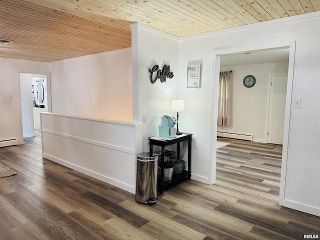 510 Morgan St, Anna, IL 62906 - hallway featuring wooden ceiling, a baseboard radiator, wood finished floors, and ornamental molding