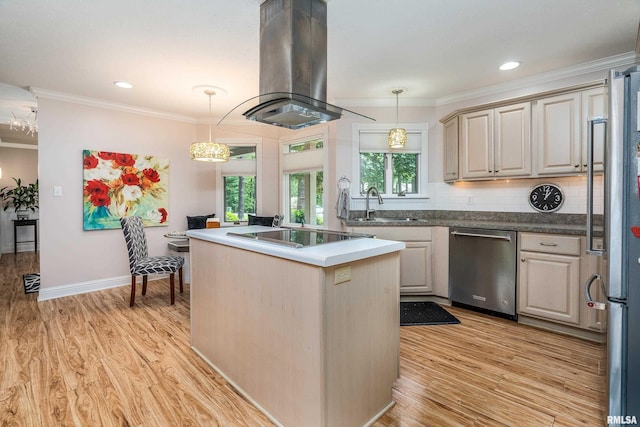 103 Woodland Trl, Anna, IL 62906 - kitchen featuring dishwasher, black electric stovetop, island exhaust hood, crown molding, and light wood-style floors