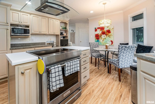 103 Woodland Trl, Anna, IL 62906 - kitchen featuring stainless steel appliances, wall chimney exhaust hood, ornamental molding, light wood-style floors, and a kitchen island