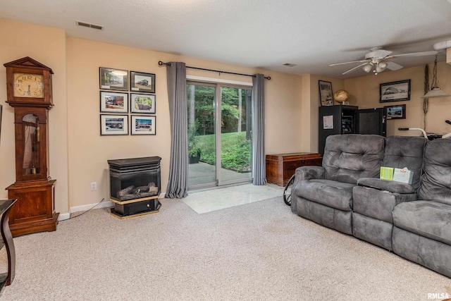 103 Woodland Trl, Anna, IL 62906 - carpeted living room with a wood stove and ceiling fan