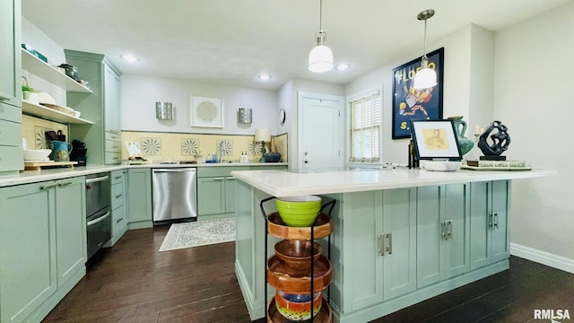 308 W Reed St, Benton, IL 62812 - kitchen with green cabinetry, stainless steel dishwasher, open shelves, light countertops, and recessed lighting