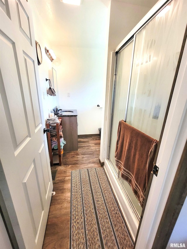 232 Palm Ln, Flora, IL 62839 - full bathroom featuring vanity, wood finished floors, and a stall shower