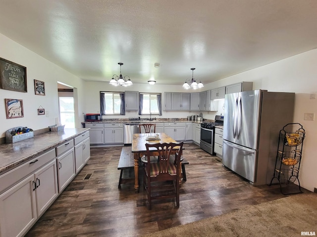 232 Palm Ln, Flora, IL 62839 - kitchen with stainless steel appliances, a chandelier, and hanging light fixtures