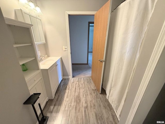 1002 Elm St, Marion, IL 62959 - full bath with vanity, wood finished floors, and a shower with curtain