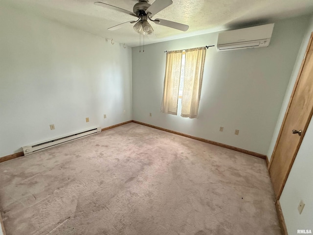 1002 Elm St, Marion, IL 62959 - unfurnished bedroom with a baseboard radiator, a wall mounted AC, light colored carpet, a textured ceiling, and ceiling fan