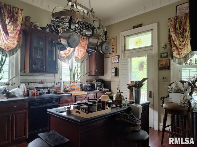 319 High St, Mound City, IL 62963 - kitchen featuring black dishwasher, a kitchen island, glass insert cabinets, and dark wood-type flooring