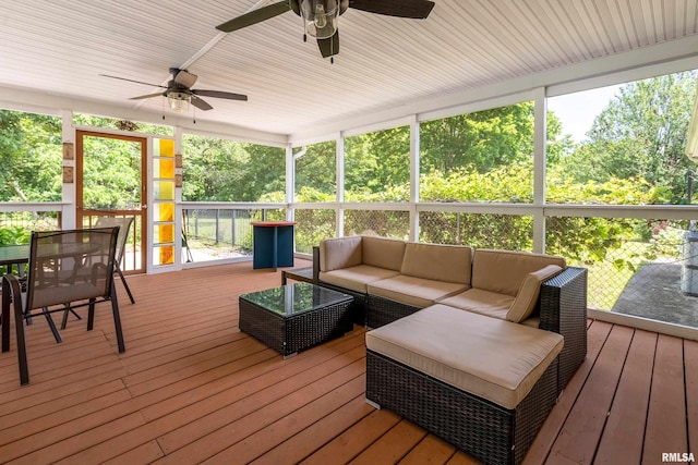 243 Pump Station Rd, Makanda, IL 62958 - wooden deck featuring ceiling fan, an outdoor living space, and outdoor dining area