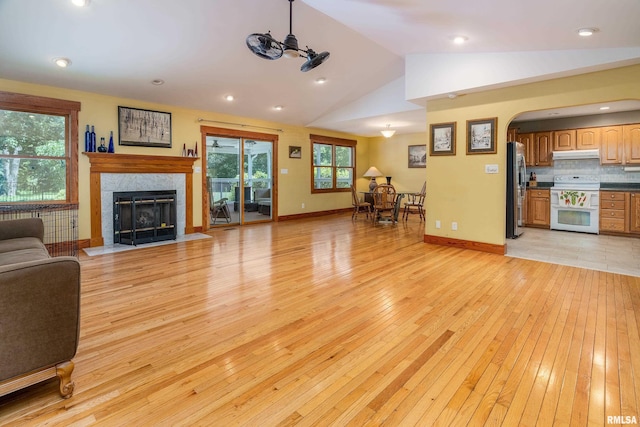 243 Pump Station Rd, Makanda, IL 62958 - living area featuring light wood-style flooring, vaulted ceiling, a premium fireplace, and arched walkways