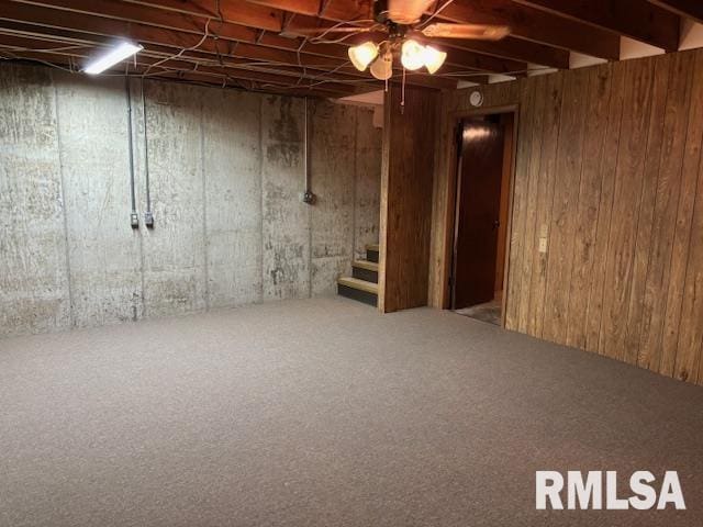 15944 Moellers Rd, Marion, IL 62959 - below grade area with stairs, ceiling fan, and carpet