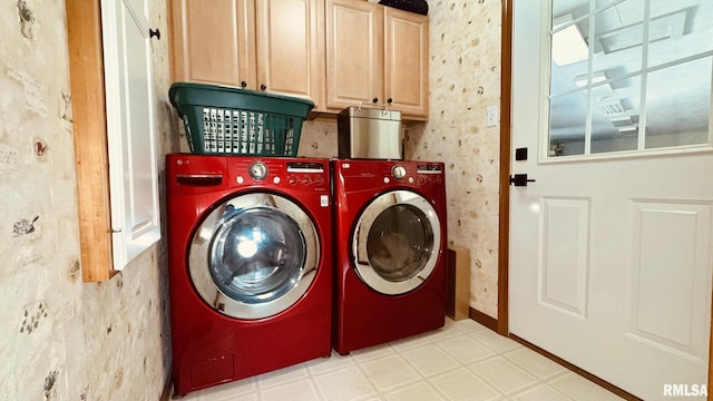 1016 Michael Ln, West Frankfort, IL 62812 - laundry room with cabinet space, separate washer and dryer, light flooring, and wallpapered walls