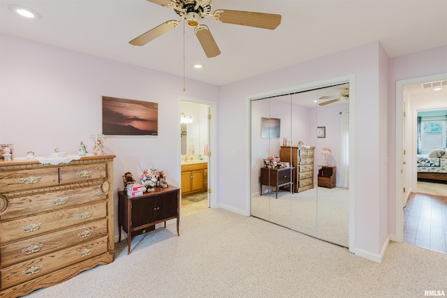 11823 Taylor Dr, Marion, IL 62959 - bedroom featuring light carpet, a closet, recessed lighting, ensuite bathroom, and a ceiling fan