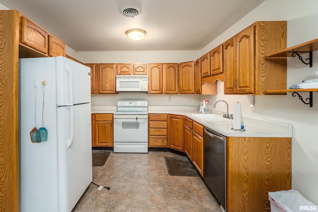 508 Lexington Ct, Carbondale, IL 62901 - kitchen featuring white appliances, open shelves, brown cabinetry, and light countertops
