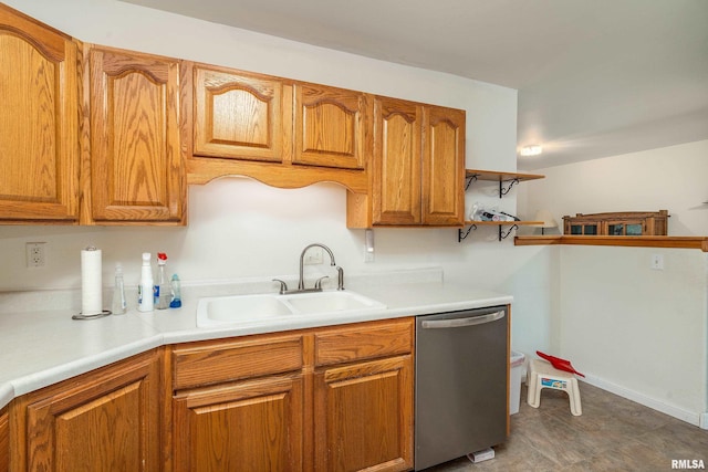508 Lexington Ct, Carbondale, IL 62901 - kitchen featuring stainless steel dishwasher, light countertops, brown cabinetry, and open shelves